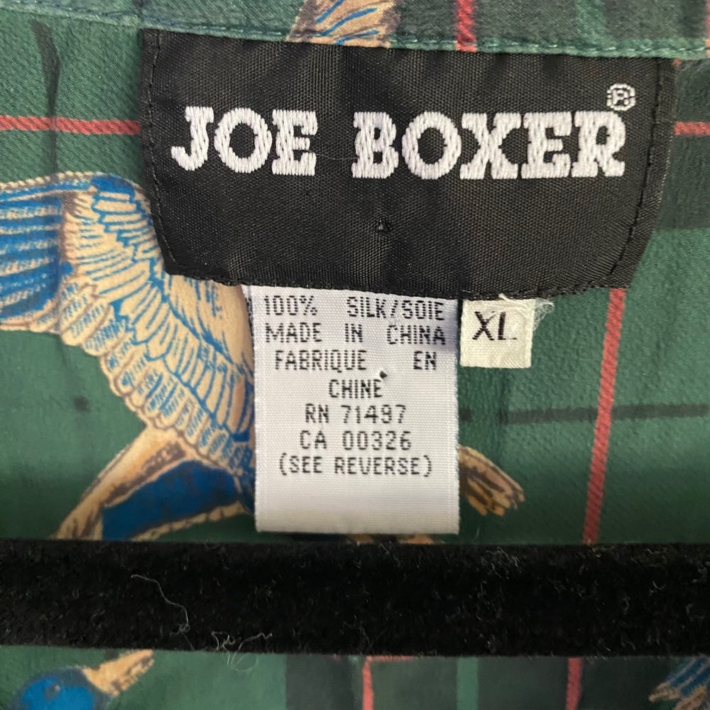 Joe Boxer Vintage 100% Silk Pajama Sleep shirt Green Plaid Mallard Duck Print - Picture 3 of 9